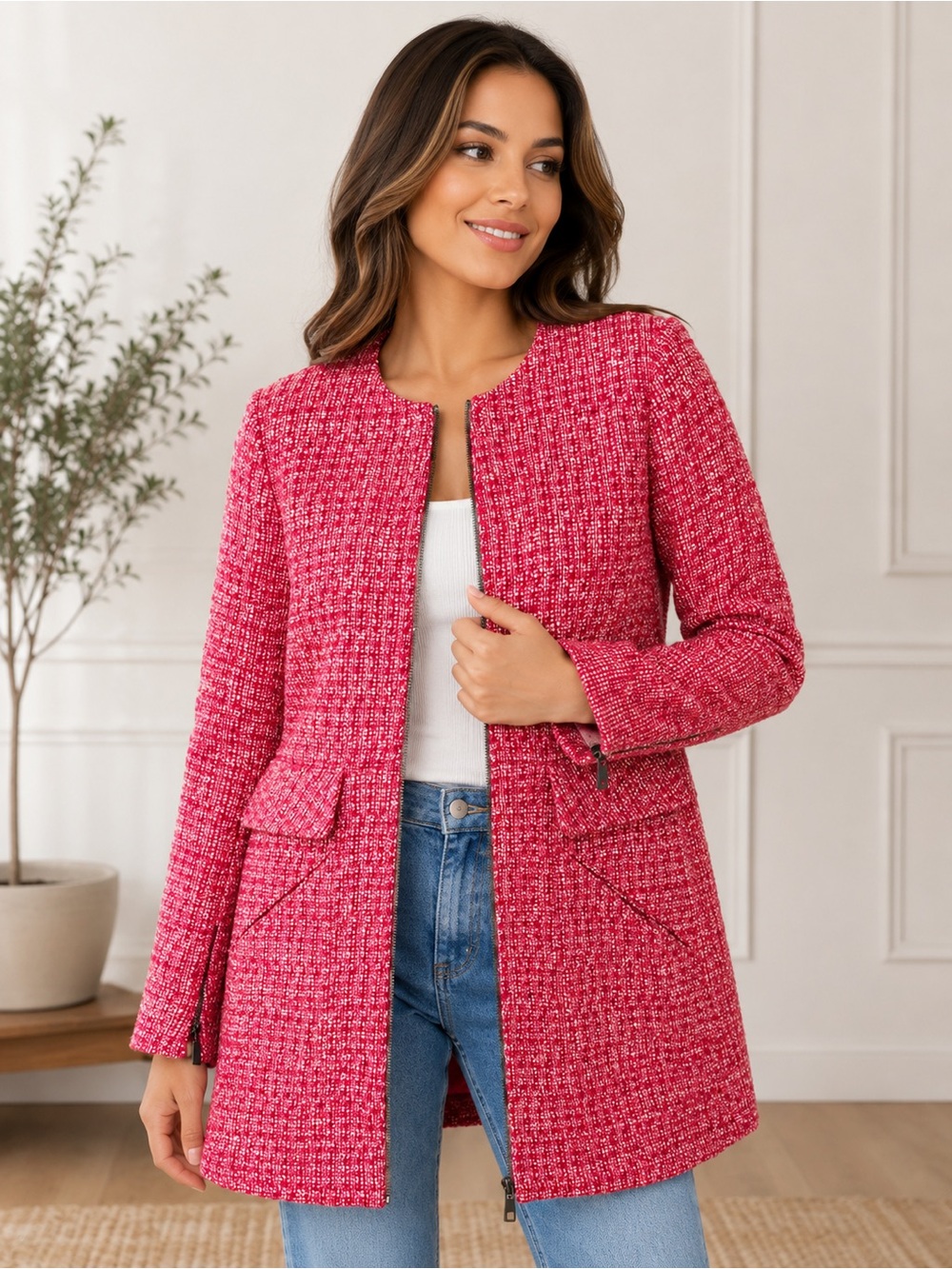 Zara Pink Tweed Open-Front Blazer Jacket